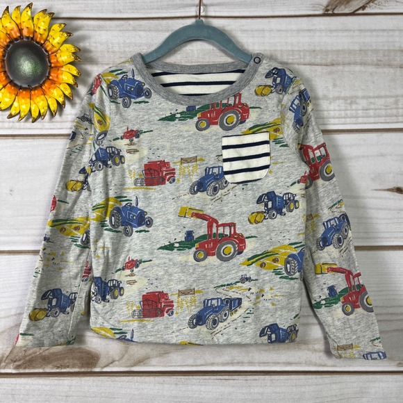 Baby Boden Other - Baby Boden Tractor Print Long Sleeve Shirt Boys Reversible 3T Cotton Striped